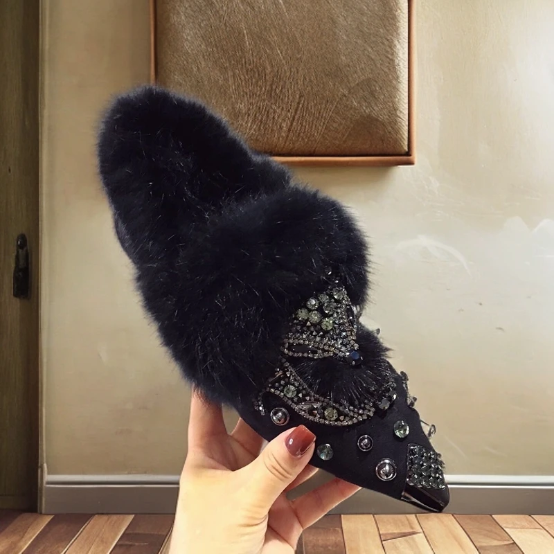 2025冬季欧洲站新款狐狸头毛毛单鞋女外穿保暖棉鞋子水钻尖头单鞋