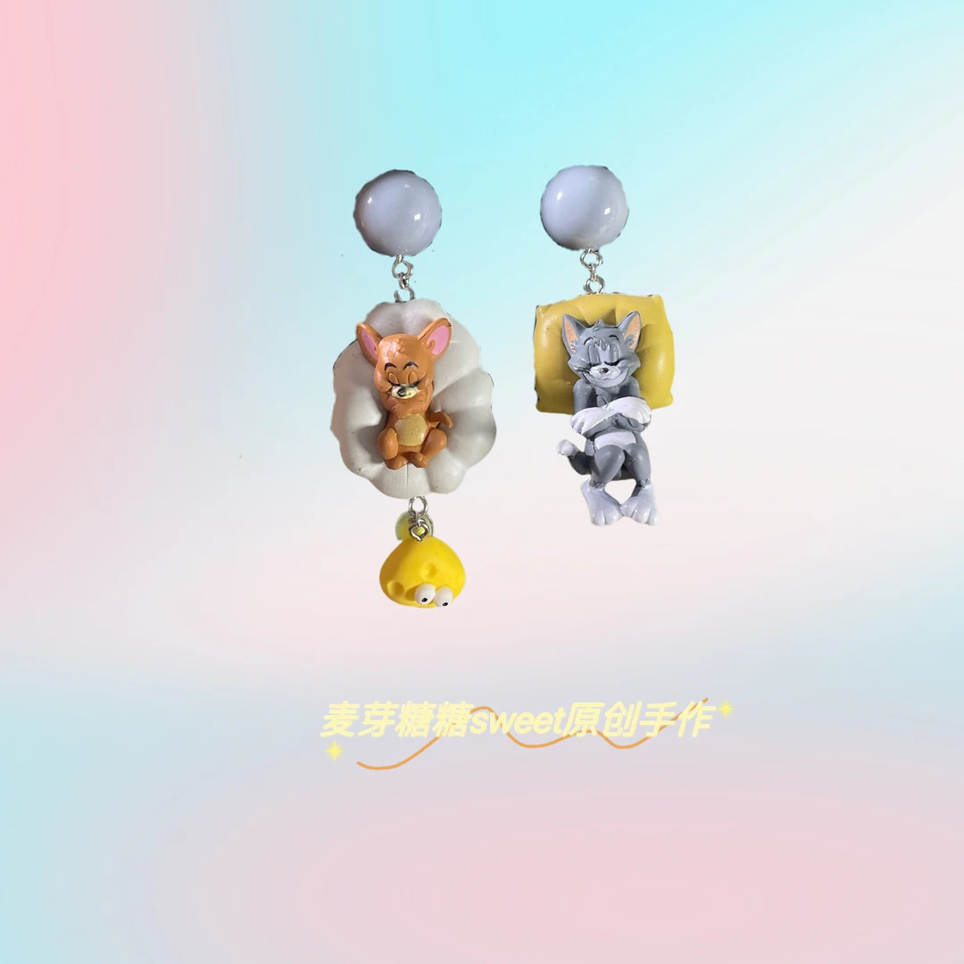 铜合金树脂耳饰 原创设计猫和老鼠卡通耳环不对称可爱童趣耳饰