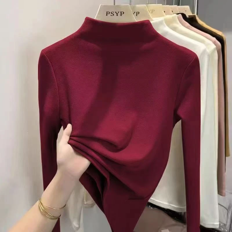 秋冬安哥拉红半高领纯色德绒保暖女士长袖打底衫保暖衫气质百搭