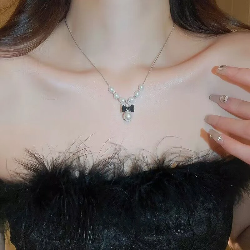 铜合金项链 滴油蝴蝶结珠珠项链韩国甜美设计百搭毛衣链小众