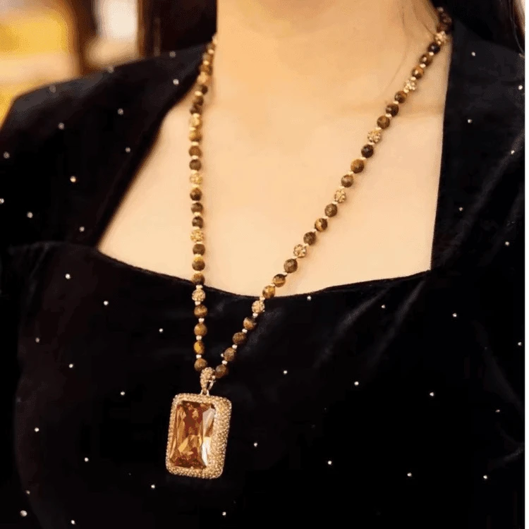 铜合金项链 虎眼石项链复古美拉德风苏丹石高级感毛衣链