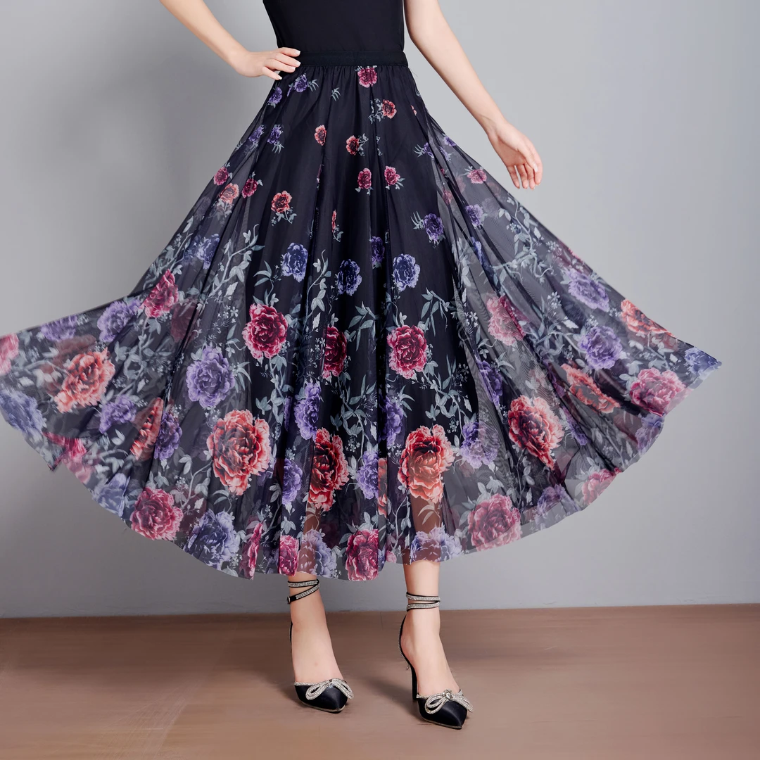 2024新款新中式国风春秋显瘦渐变印花大摆纱裙素雅裙子显瘦半身裙