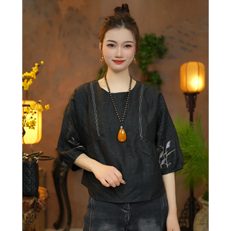 【董小姐】2024新款时尚桑蚕丝龟裂纹黑龟香云纱上衣女