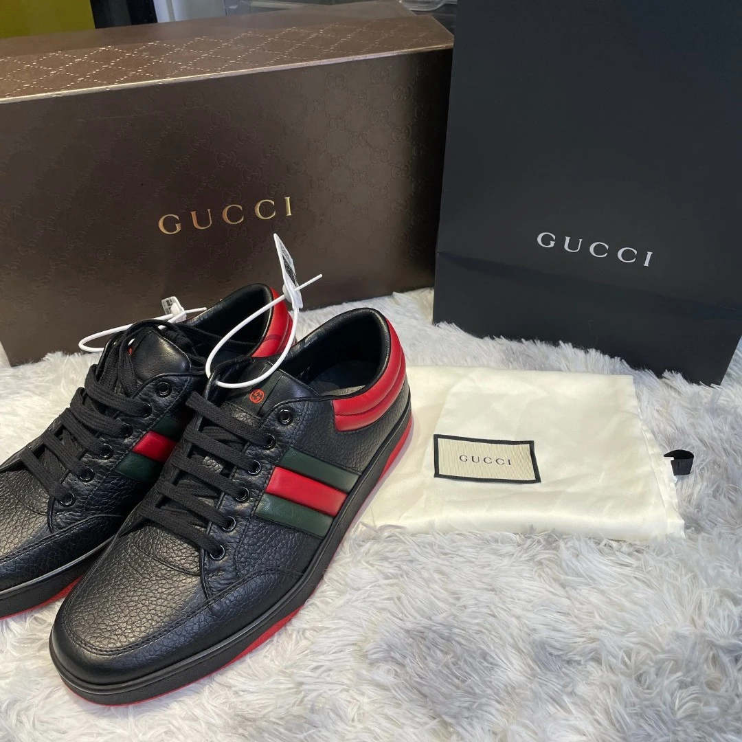 全新未使用 GUCCI/古驰 黑红经典 真皮时尚 休闲板鞋 大全套
