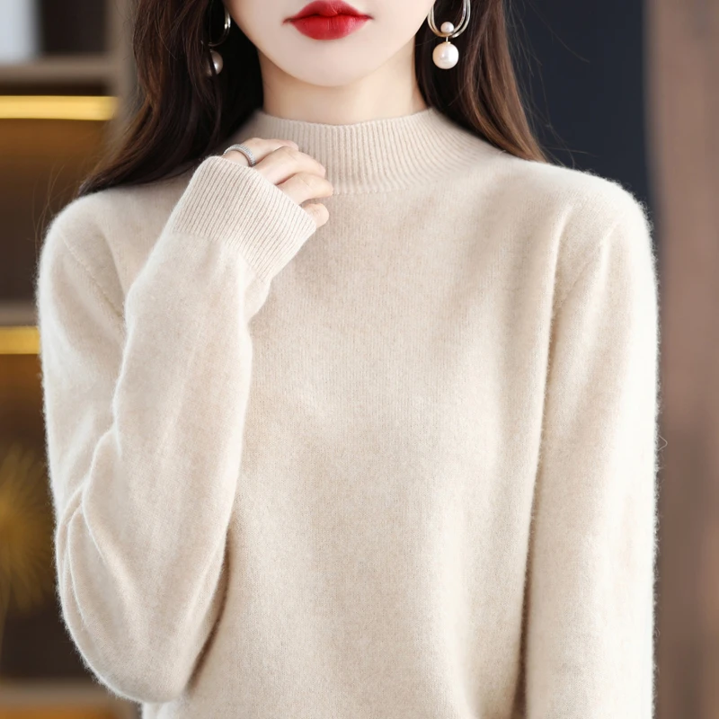 秋冬新款100%澳毛一线成衣半高领显瘦百搭女士纯色宽松打底衫012