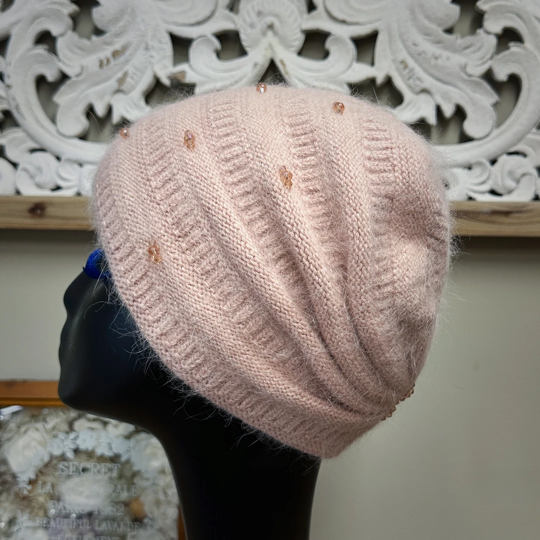 零点兰花秋冬加厚保暖女式水钻兔毛针织包头帽堆堆帽