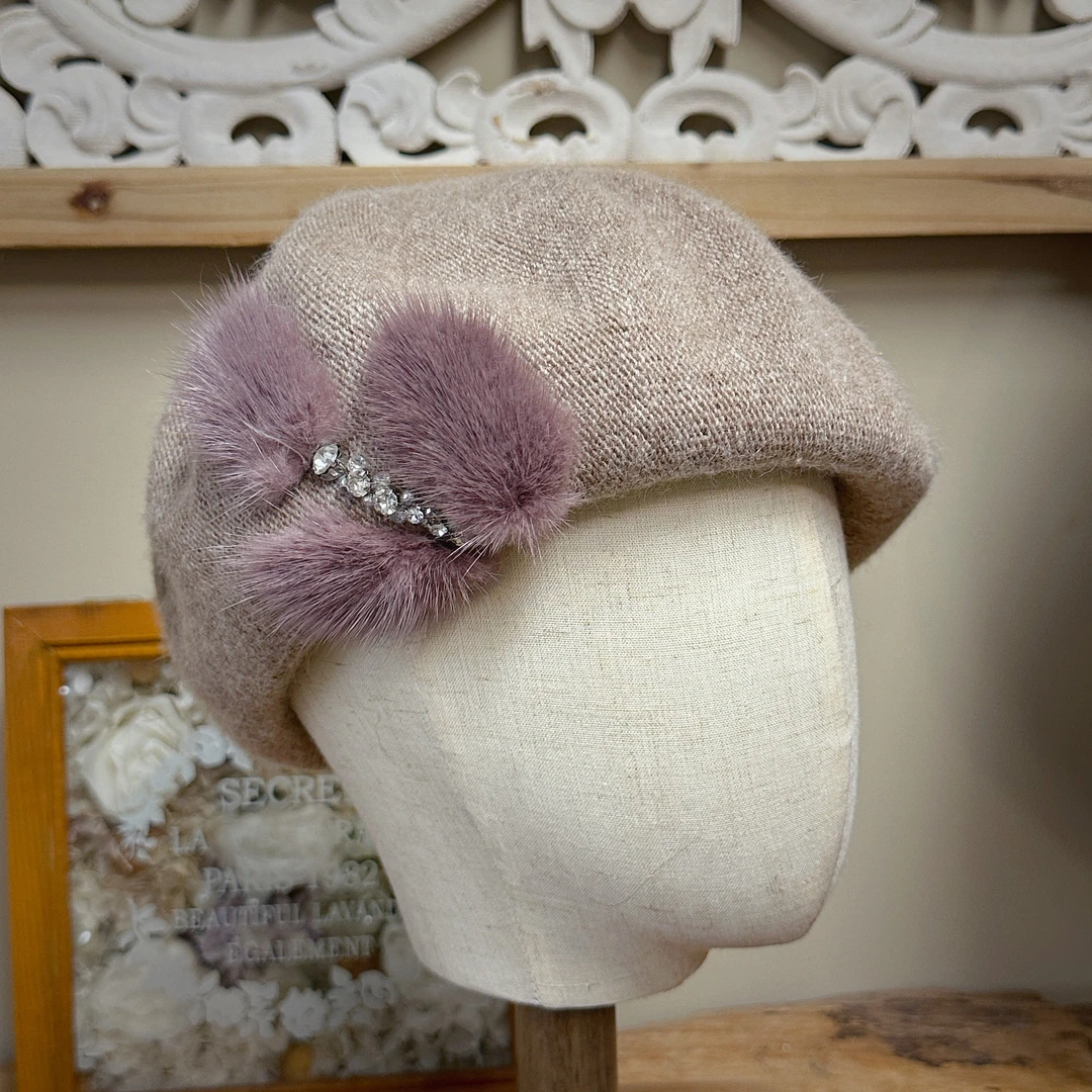 零点兰花秋冬款安哥拉兔毛贝雷帽子女式双层保暖甜美百搭针织帽