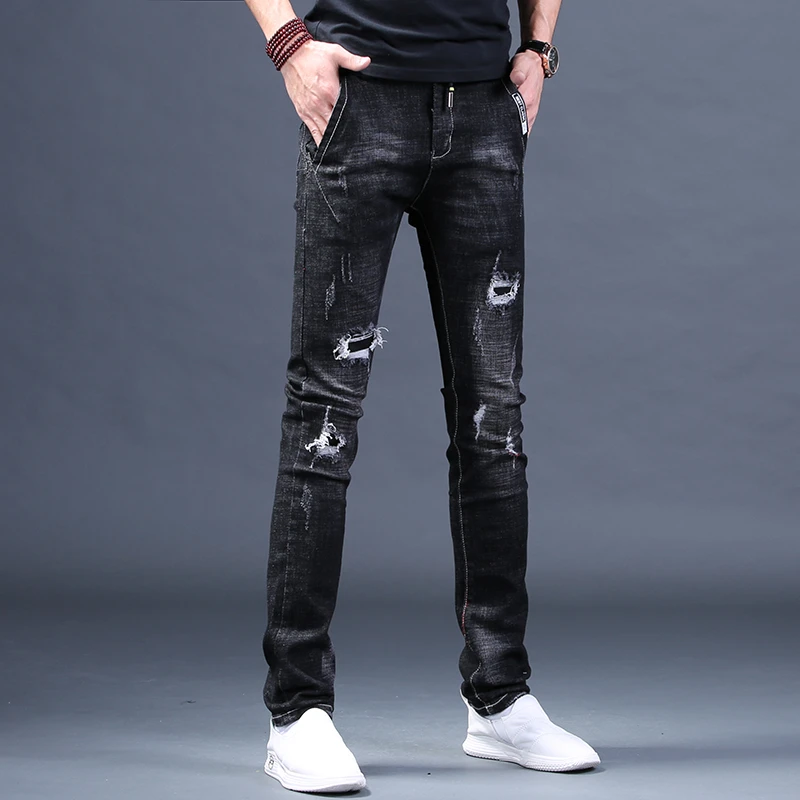 潮牌破洞男士牛仔裤夏季薄款高端小脚微锥裤高街做旧乞丐男裤子