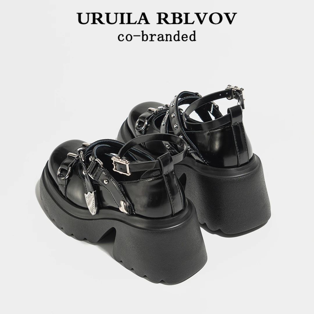 URUILA RBLVOV辣妹甜酷~玛丽珍鞋黑色jk鞋厚底粗跟浅口单鞋女增高