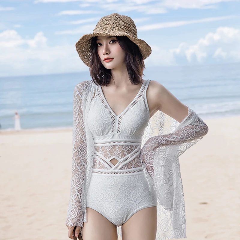 618！2023新款温泉聚拢两件套连体泳衣遮肚显瘦蕾丝披纱女游泳衣