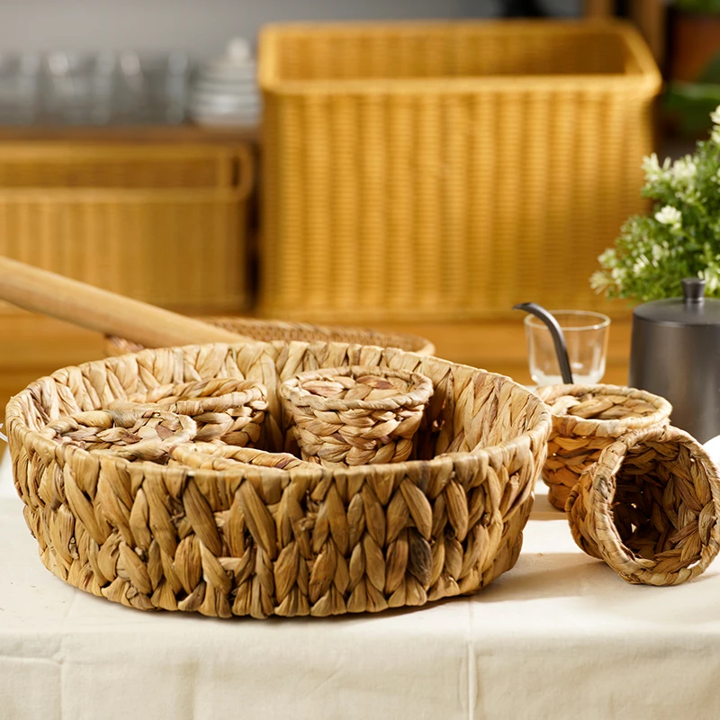 纯手工水葫芦编制筐多格家用分类收纳筐桌面露营水果篮茶点托盘