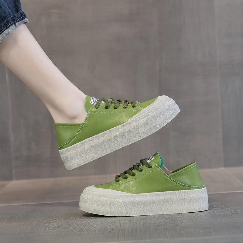 万达撤柜头层牛皮小白鞋女2025秋季新款软底踩脚两穿厚底耐磨板鞋