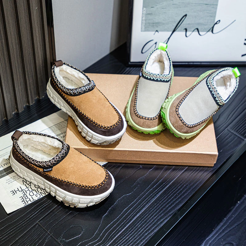 万达撤柜头层牛皮2024春季新款厚绒轮胎底雪地靴女复古名族风一脚