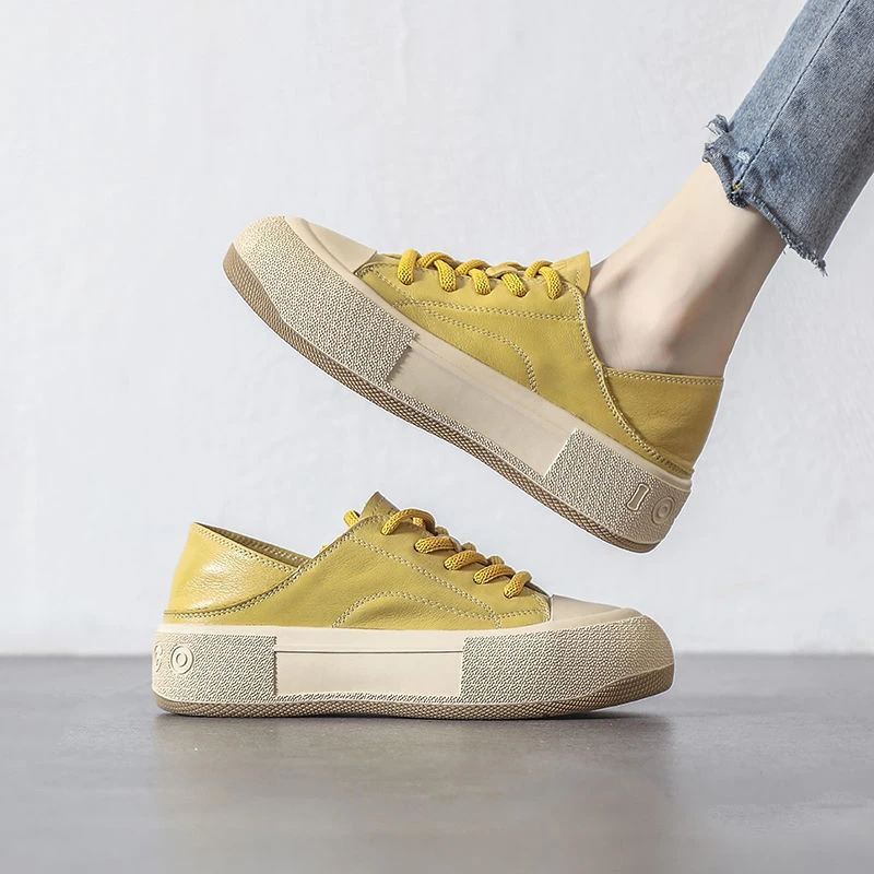 万达撤柜头层牛皮小众板鞋女2025秋爆款厚底高端饼干鞋两穿软底鞋