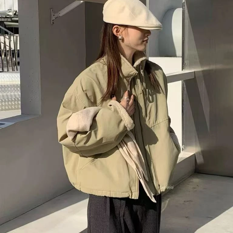 韩系翻领派克棉服女2024冬季新款高级感休闲宽松工装加厚外套