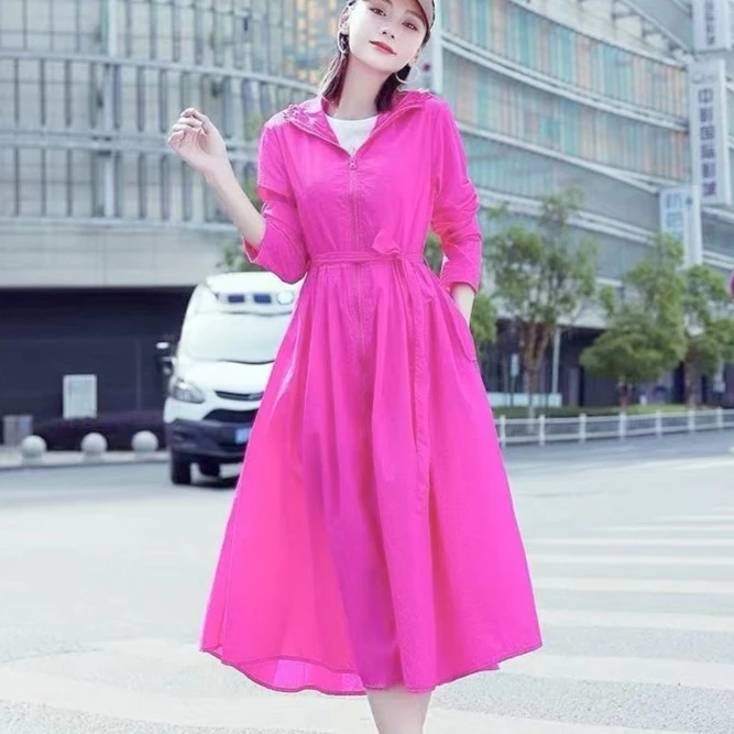 长款气质腰带过膝连帽显瘦长款大码外套风衣薄款拉链长衫户外百搭