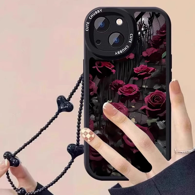 月光玫瑰适用苹果16promax手机壳轻奢iphone15pro保护套14带手链