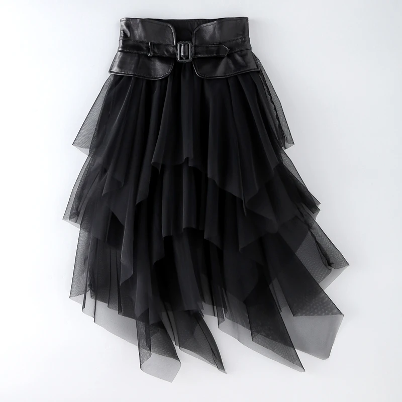 【火苗】203高定真皮绵羊皮腰封网纱裙新款时尚小清新纱裙高腰