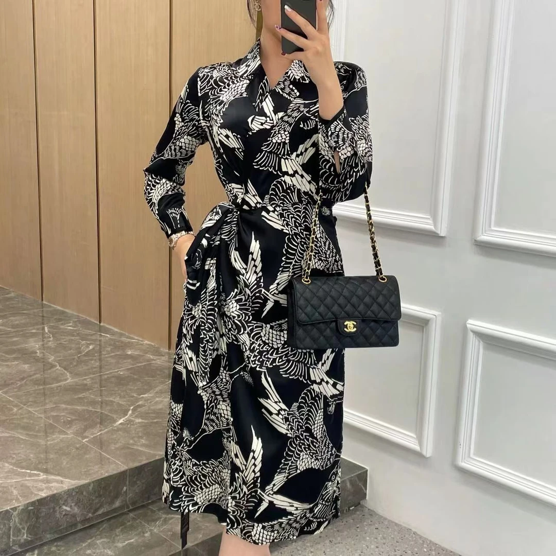 【花滿林】新款小翻领时尚印花气质裹身裙桑蚕丝收腰连衣裙3929