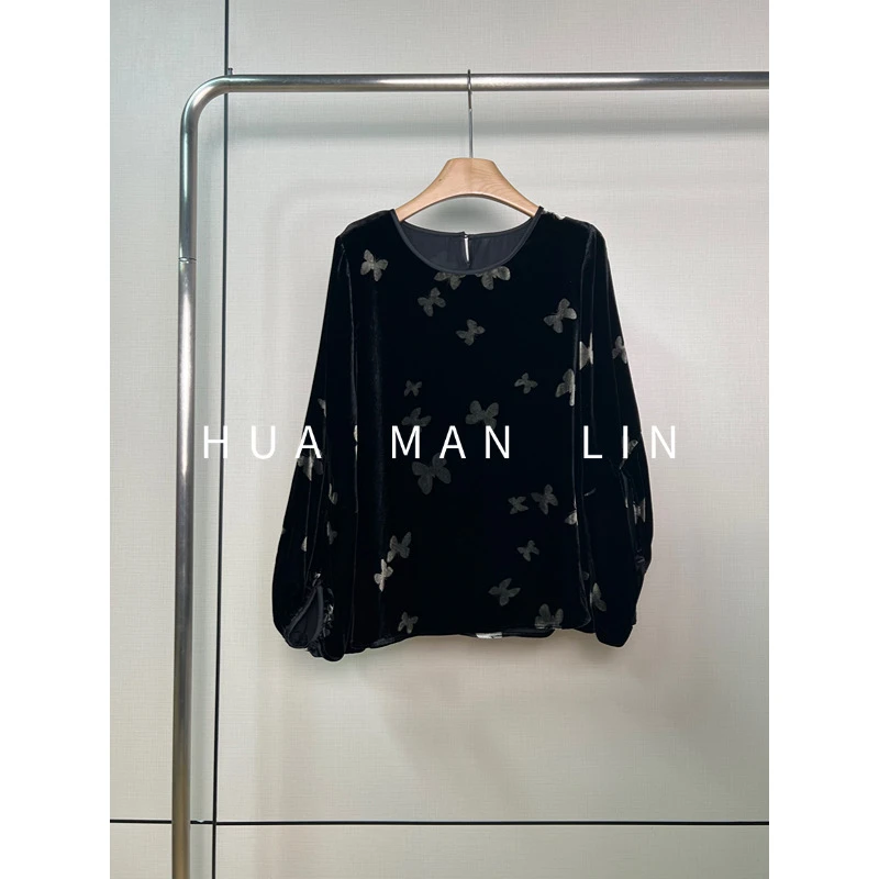 【花满林】'福蝶’圆领一粒扣蝴蝶真丝桑蚕丝丝绒长袖上衣245596