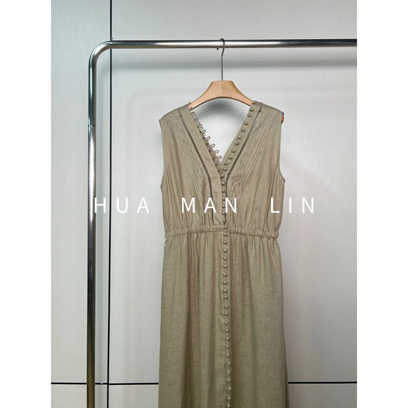 【花满林】前后包布扣打条松紧腰汉麻无袖连衣裙247206