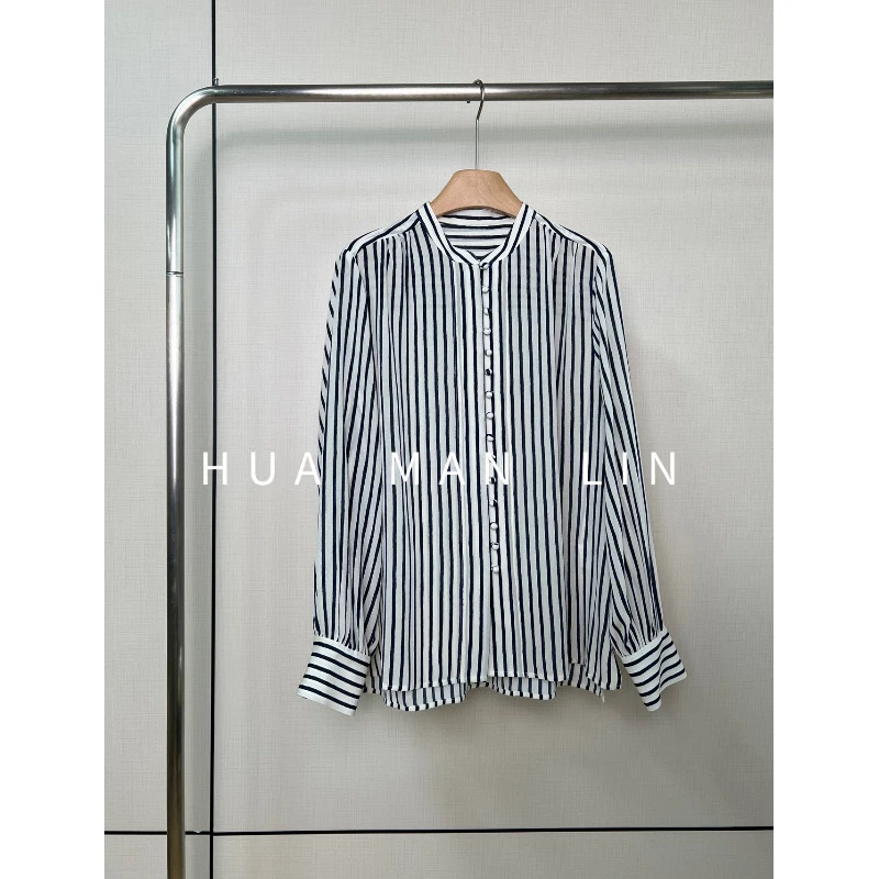 【花滿林】小立领蓝条纹包扣30MM鬼绉真丝桑蚕丝上衣246858