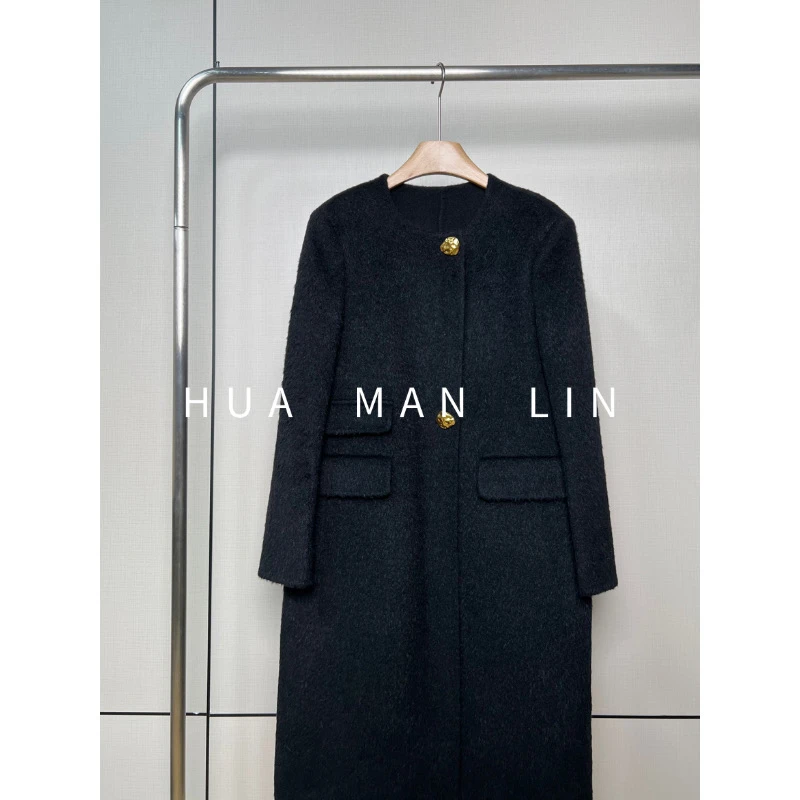 【花滿林】圆领金扣黑色中长款外套88026