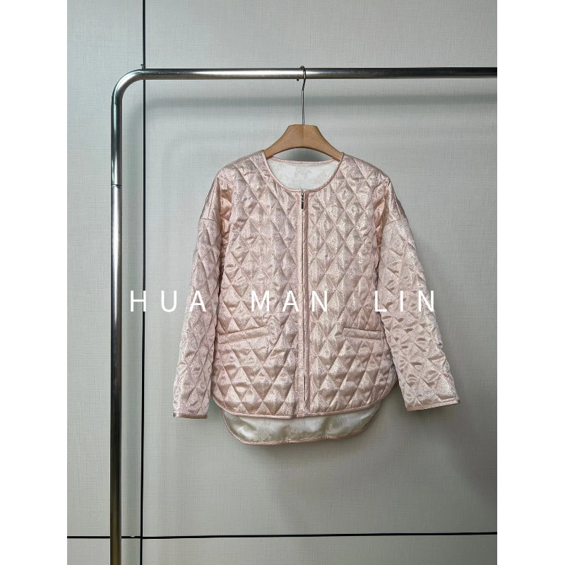 【花满林】圆领拉链菱形格绗线织金真丝桑蚕丝加厚外套246978