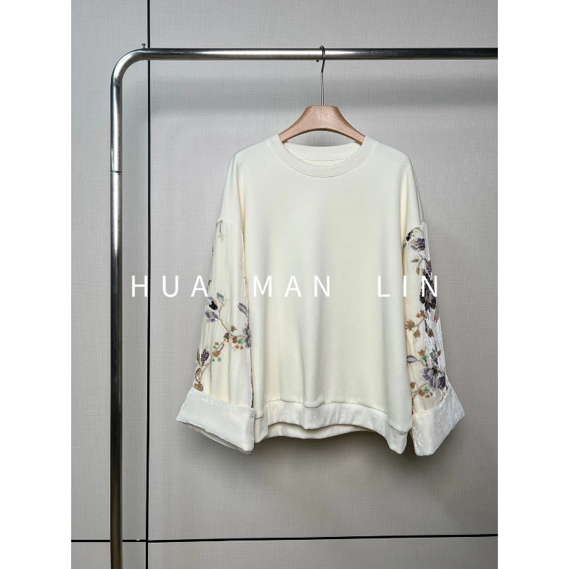 【花满林】圆领罗纹重工刺绣拼接丝绒桑蚕丝上衣246870