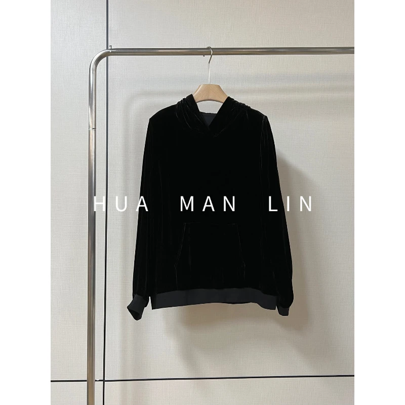 【花满林】连帽拼接桑蚕丝丝绒上衣70600