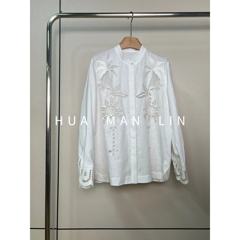 【花滿林】小立领镂空绣花汉麻普洗+酵洗工艺上衣246715