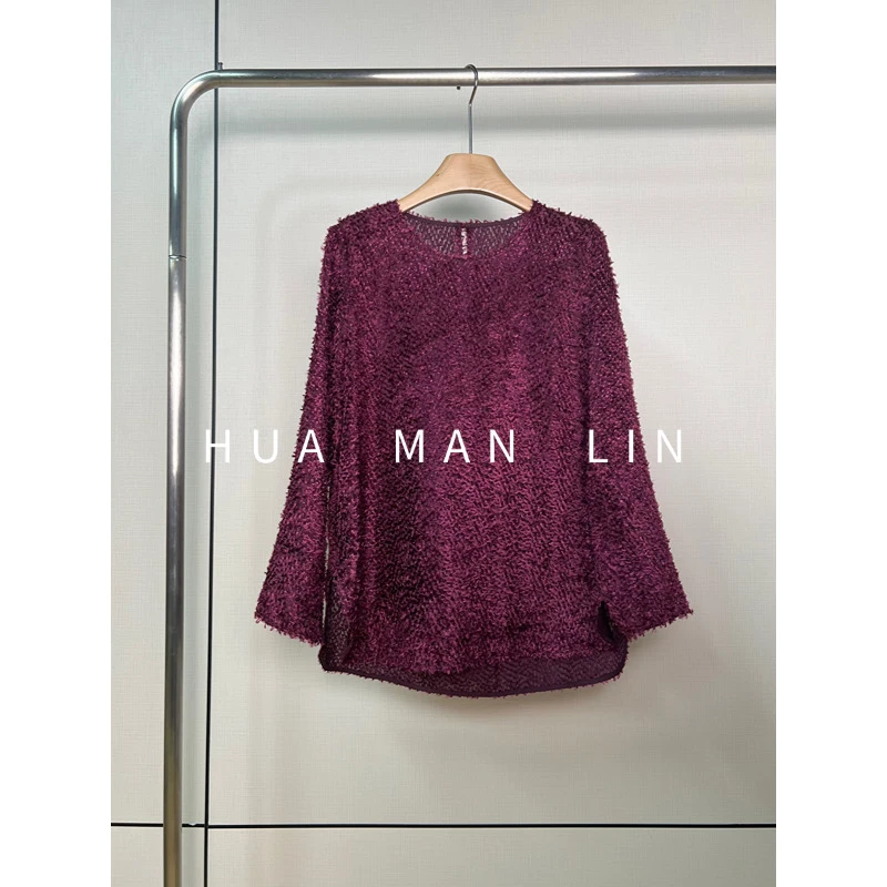 【花满林】'毛里毛气’圆领真丝桑蚕丝紫色长袖上衣5459