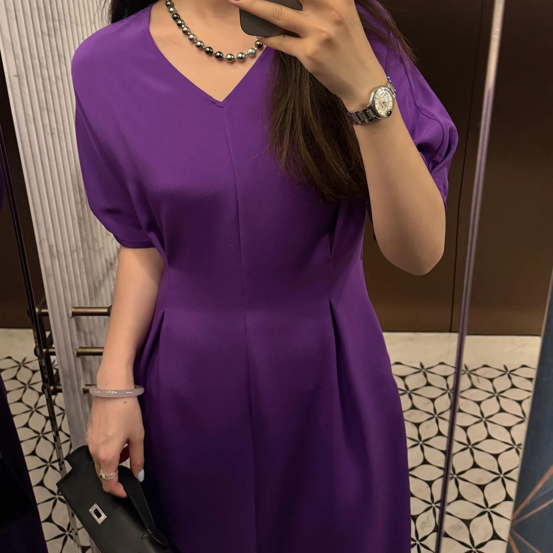 【花滿林】‘最爱紫色’V领收腰40MM弹力重磅桑蚕丝开叉连衣裙8250