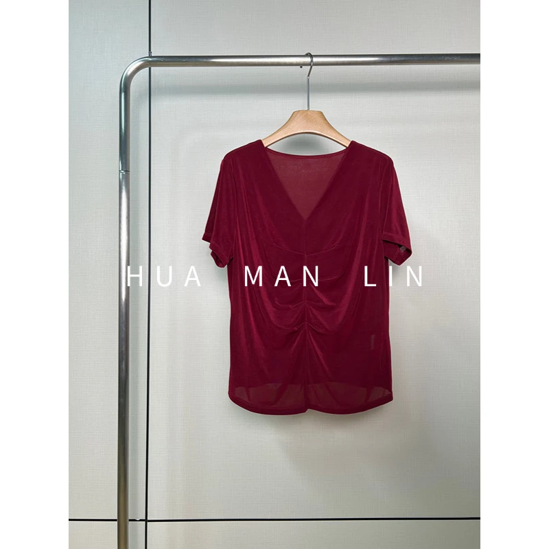 【花满林】V领前中捏褶醋酸短袖T恤245592