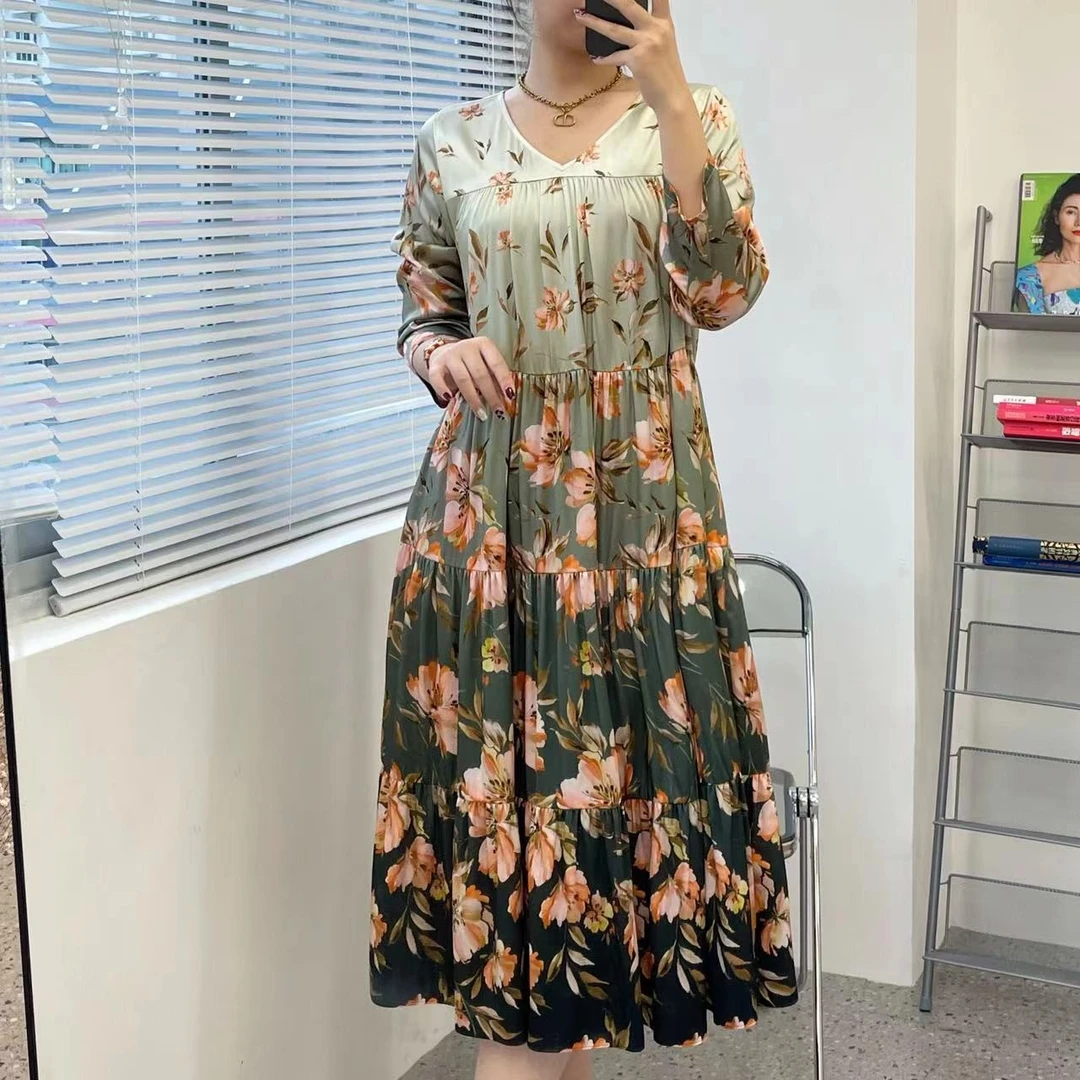 【花满林】新款V领时尚渐变印花气质显瘦桑蚕丝蛋糕裙连衣裙 3858