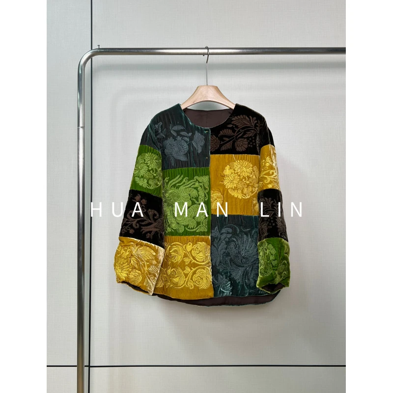 【花满林】‘花间神兽’圆领拼接刺绣真丝桑蚕丝丝绒外套246825