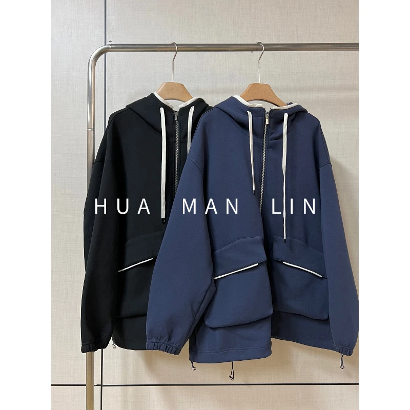 【花满林】两色连帽抽绳拉链大口袋阔版外套80566