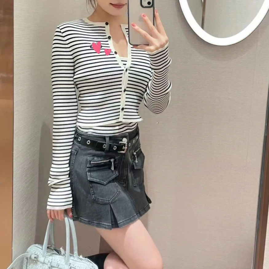 SZSALI 定制毛针织衫女条纹装开衫百搭高腰牛仔半裙套装需分开拍