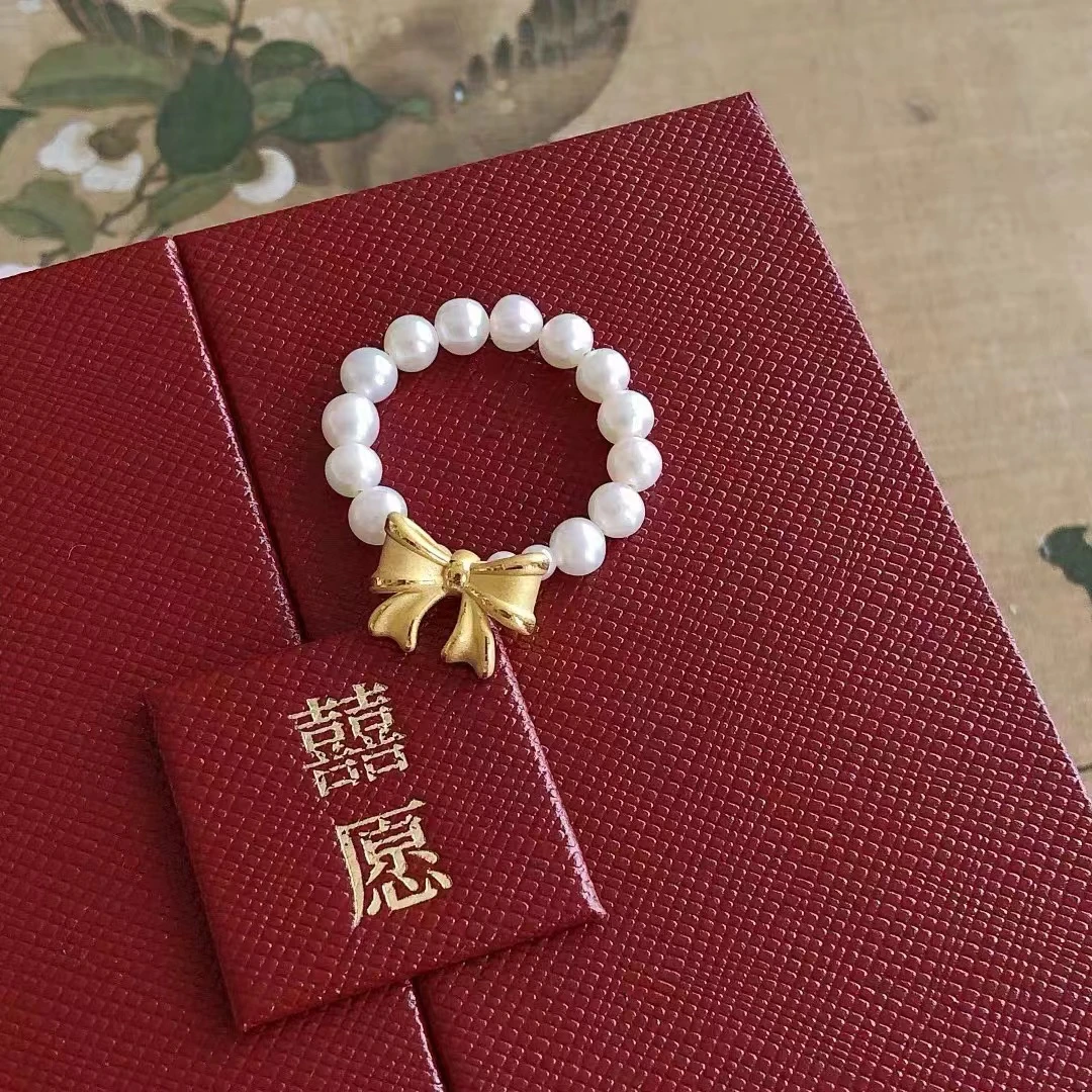钛钢仿珍珠戒指 沙金蝴蝶小众戒圈
