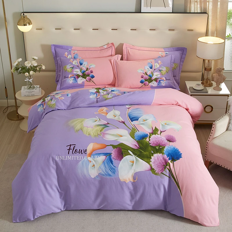 【工厂店】纯棉斜纹加厚100%全棉床上大版花卉款四件套-百合之约粉