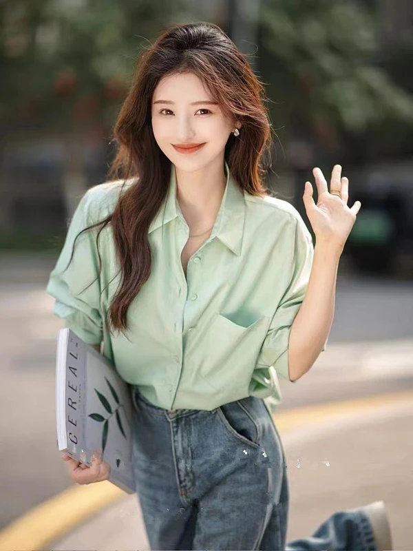 薄荷曼波风 气质衬衣清新的色彩 优质材质 搭配西装 绿色衬衫纯色