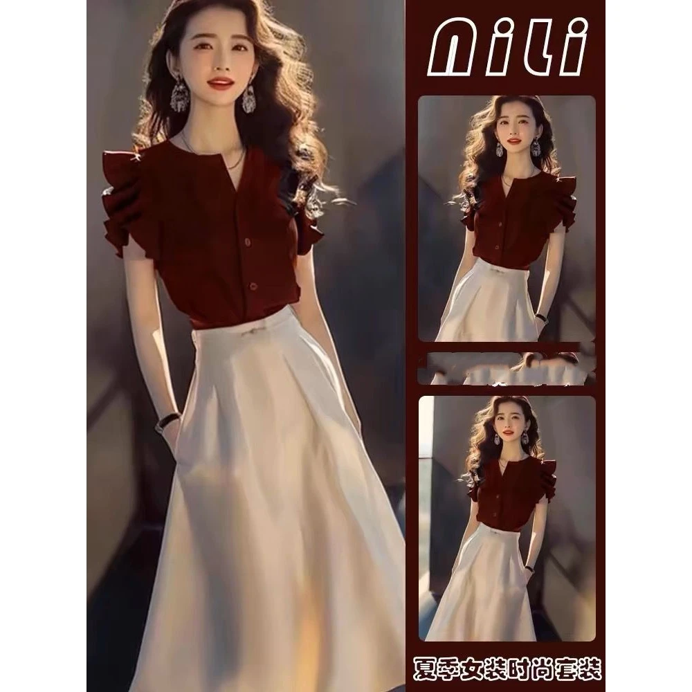 气场强大高端名媛气质女神范高级感上流社会红色衬衫连衣裙套装夏