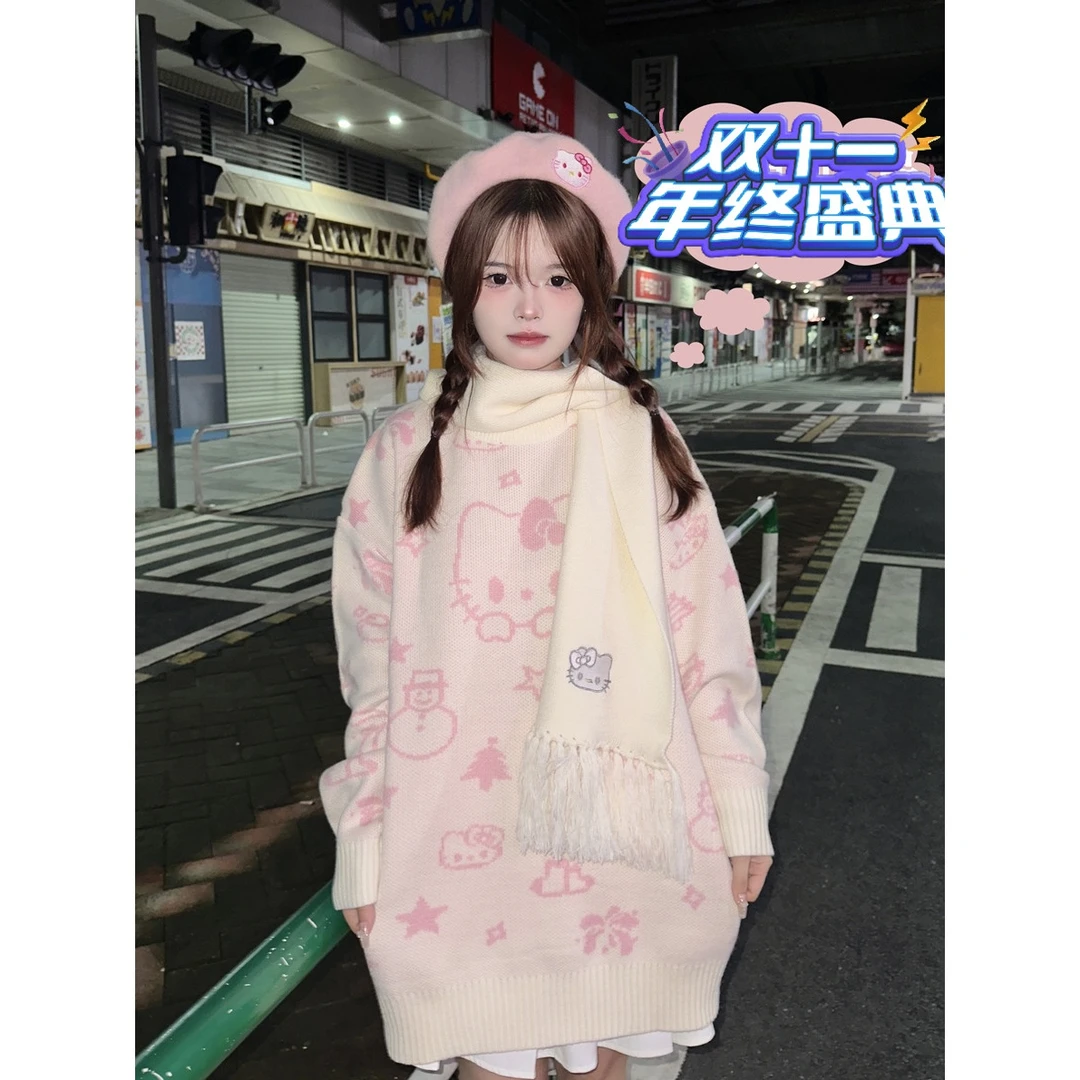 小杭还没吃饱原创国潮卡通凯蒂猫毛衣秋冬宽松圆领针织衫慵懒情侣