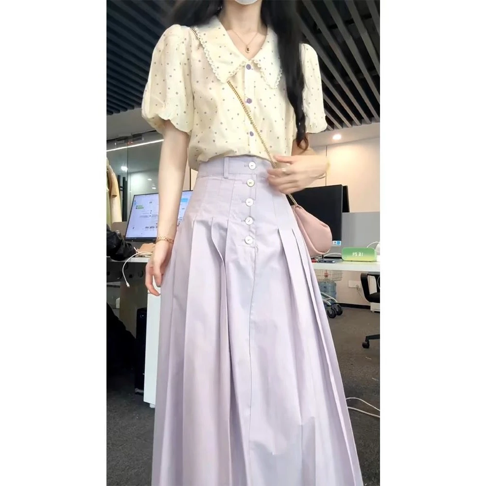 夏装搭配一整套女2024新款韩系POLO领衬衫紫色a字半身裙两件套装