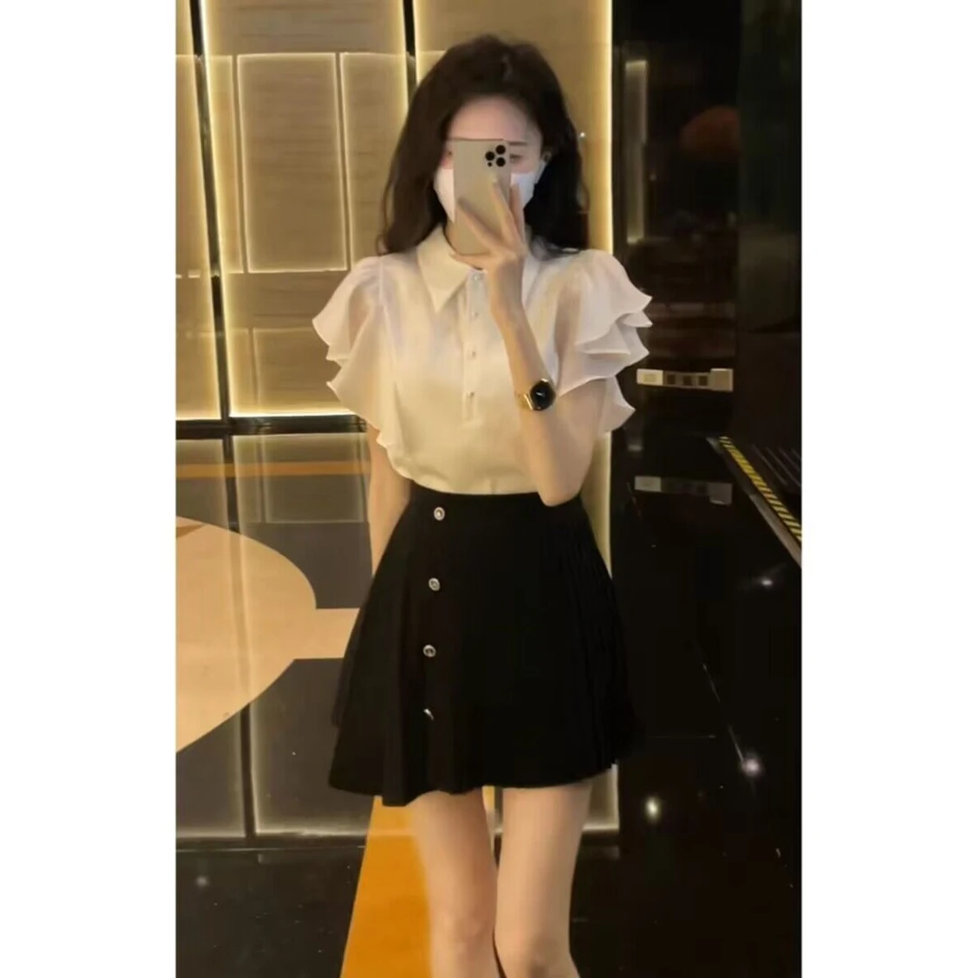 夏装搭配一整套穿搭夏季新款Polo领小飞袖上衣高腰显瘦半裙套装女