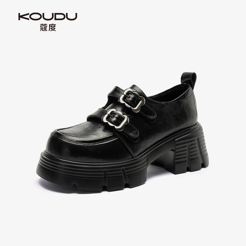 KOUDU/蔻度加绒乐福鞋2024秋冬英伦风学院单鞋粗跟厚底小皮鞋3011