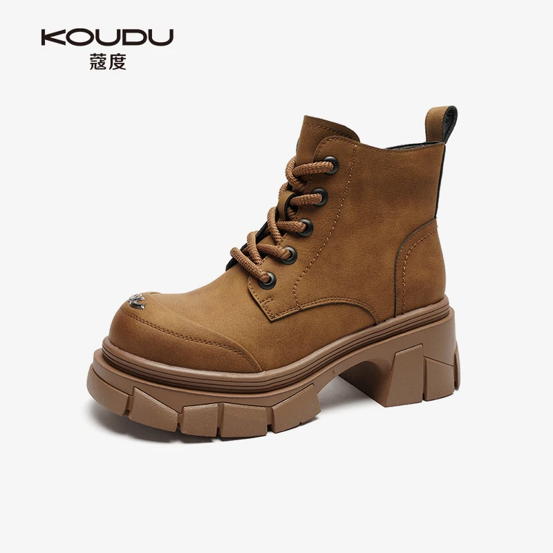 KOUDU/蔻度新款哑光皮复古风加绒百搭系带超轻发泡厚底马丁靴2993