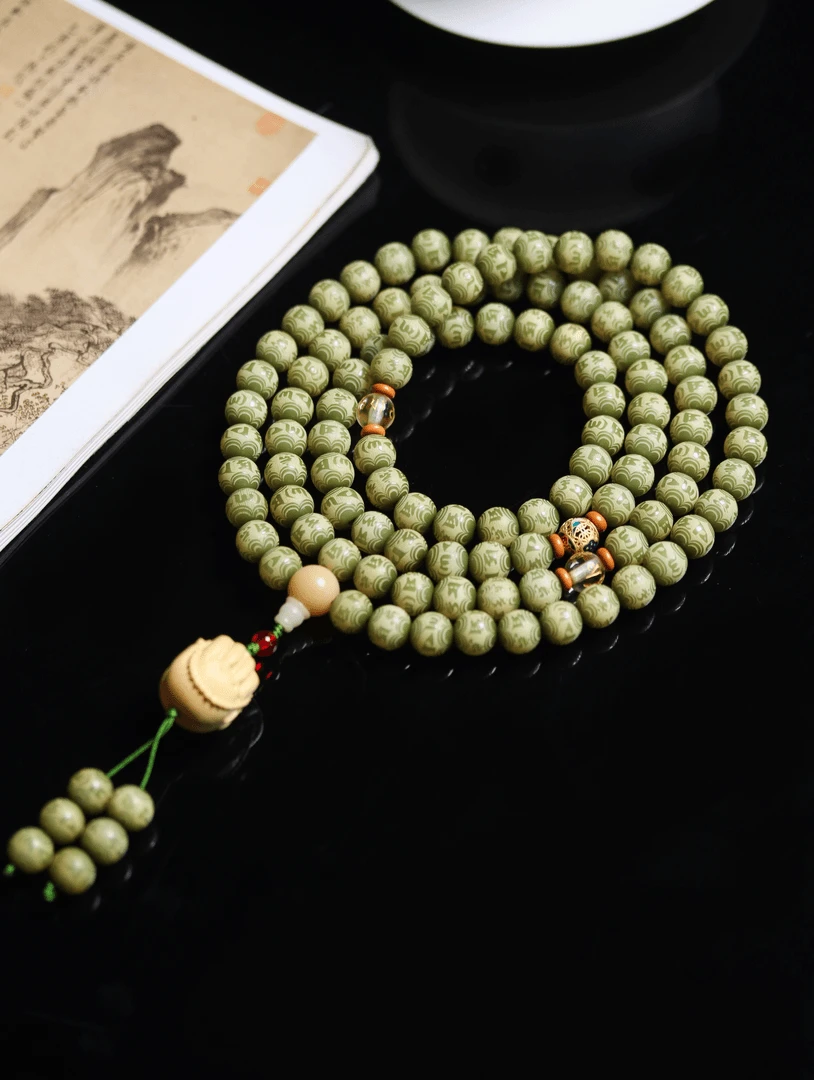 菩提根老料雕刻六字1.0圆珠108颗多圈手串脖挂毛衣链男女百搭国风