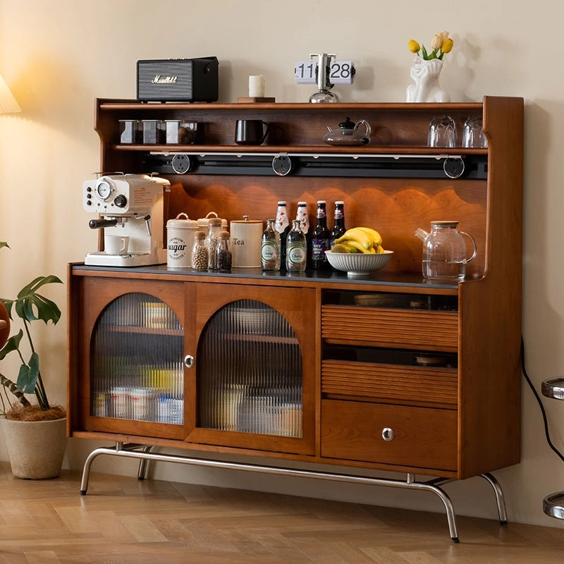 北欧复古餐边柜岩板实木一体柜靠墙客厅柜家用厨房碗柜简约收纳柜