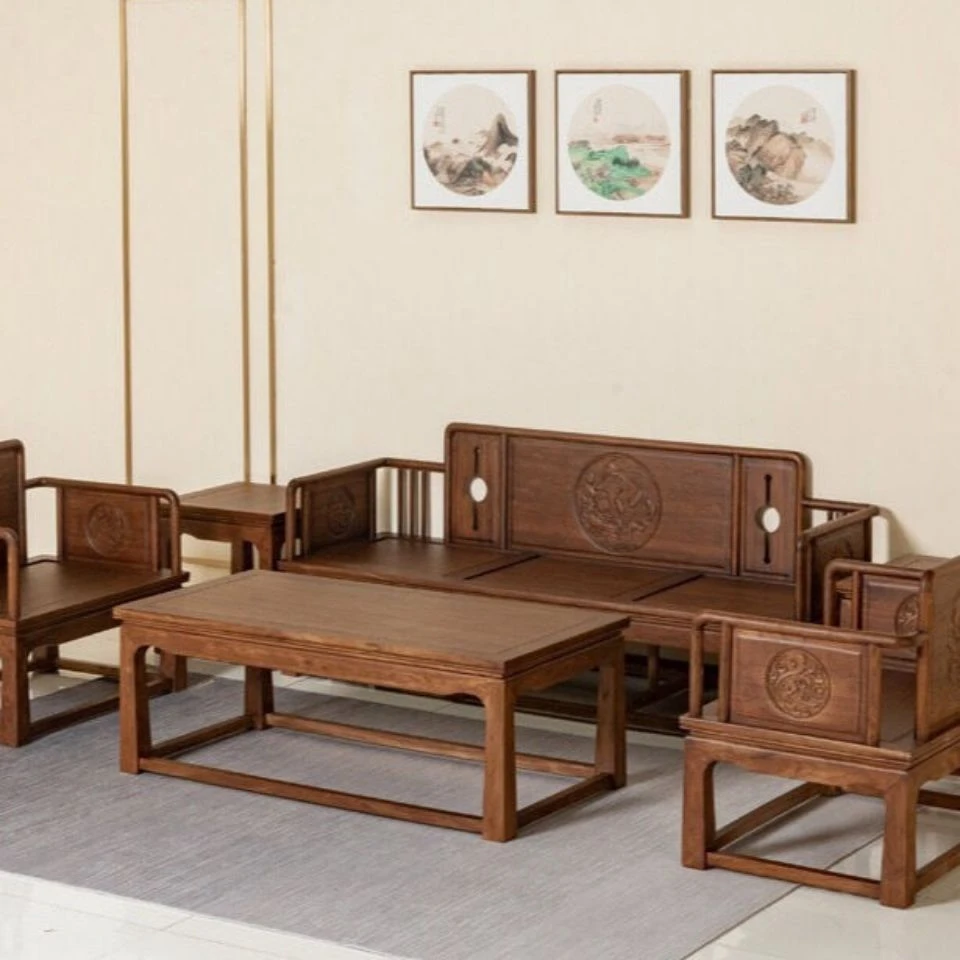 新中式老榆木客厅沙发六件套组合现代简约沙发床免漆烫腊实木家具